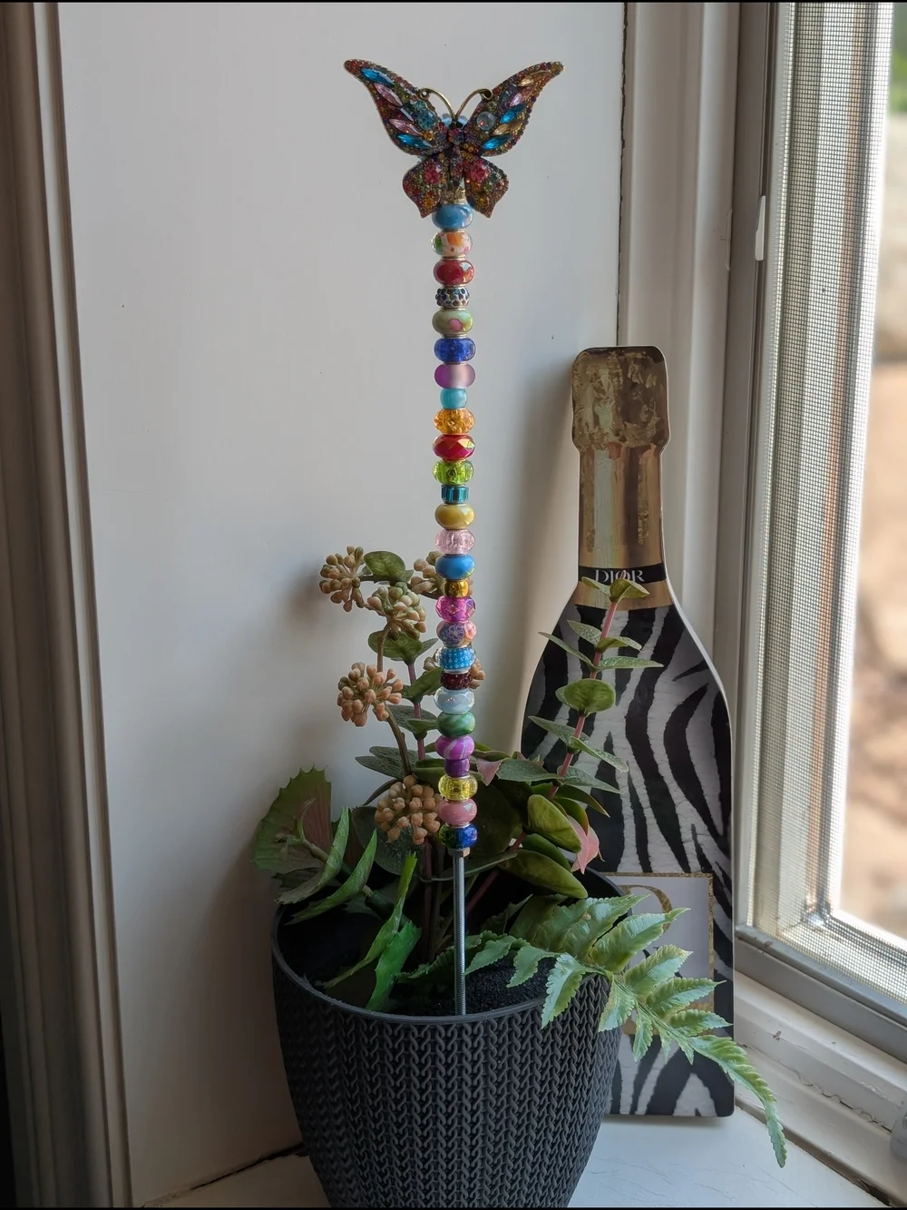 Hand Made Beaded Fairy Wand/Plant/Garden Stake W/Crystal Butterfly Topper 🦋